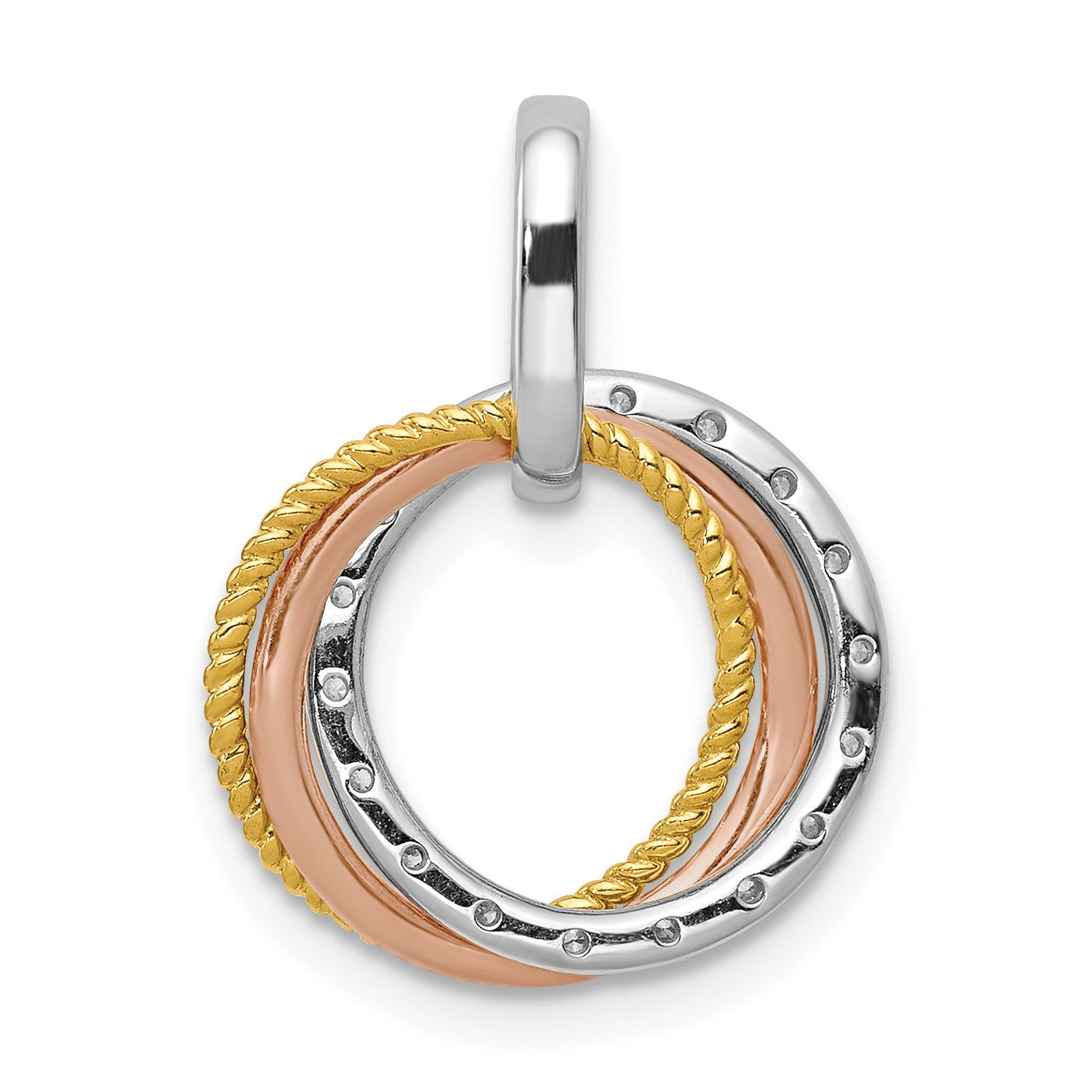 14k Tri-color 1/20 carat Diamond Three Intertwined Circles Pendant