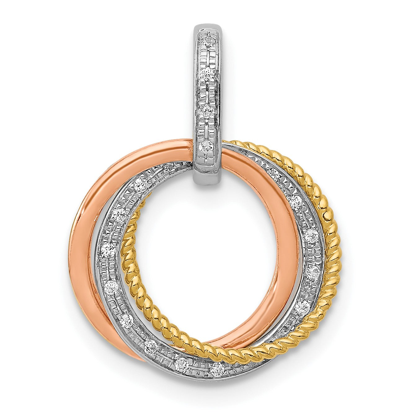 14k Tri-color 1/20 carat Diamond Three Intertwined Circles Pendant
