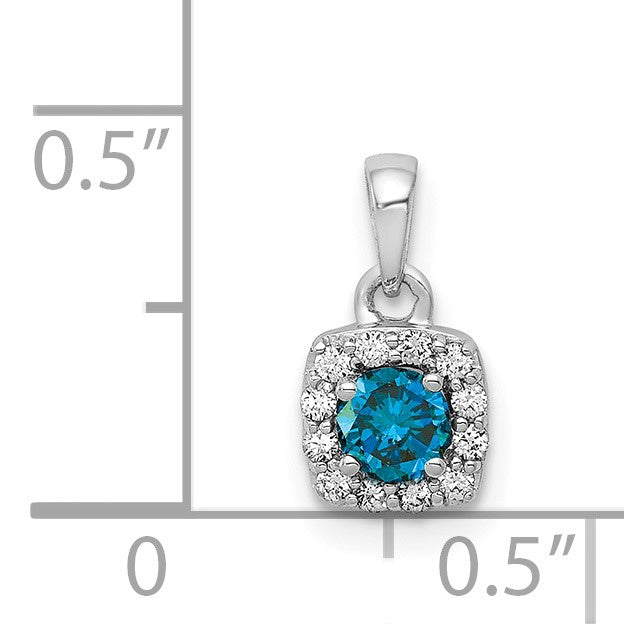 14k White Gold 1/3 carat Blue and White Diamond Square Halo Pendant