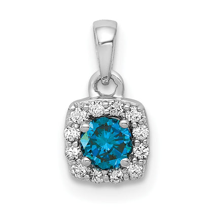 14k White Gold 1/3 carat Blue and White Diamond Square Halo Pendant