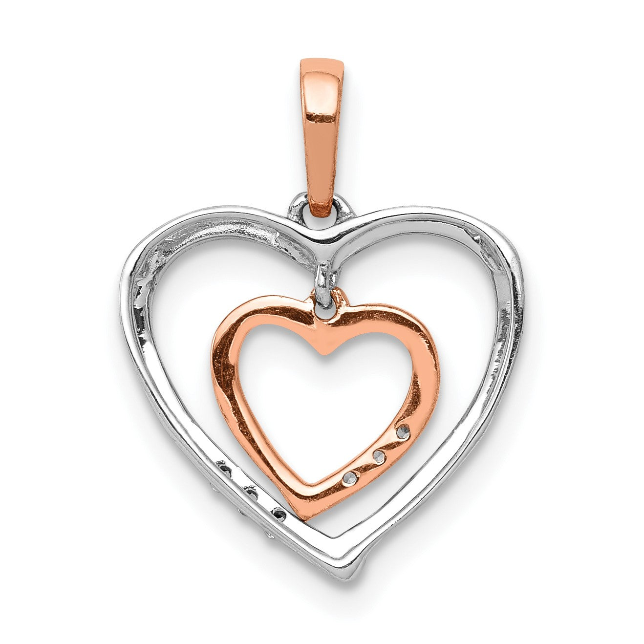 14kt White and Rose Gold Dangling Heart in Diamond Heart Pendant