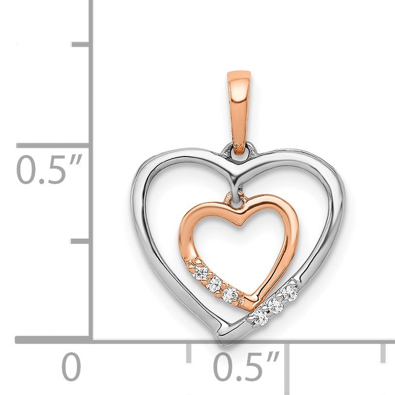 14kt White and Rose Gold Dangling Heart in Diamond Heart Pendant