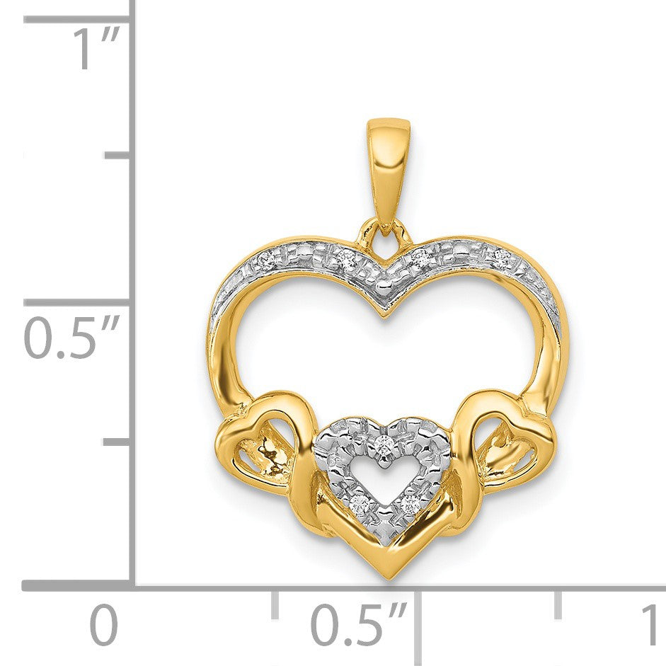 14k and White Rhodium .03 carat Diamond Heart with 3 Smaller Hearts Pendant