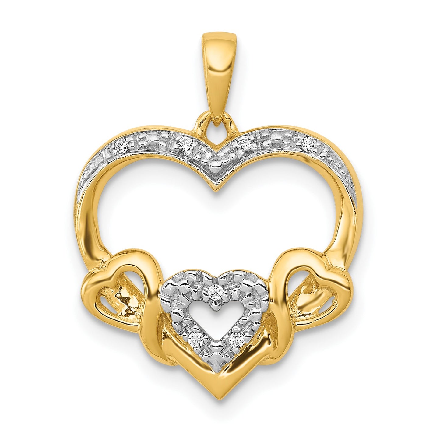 14k and White Rhodium .03 carat Diamond Heart with 3 Smaller Hearts Pendant