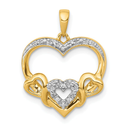 14k and White Rhodium .03 carat Diamond Heart with 3 Smaller Hearts Pendant