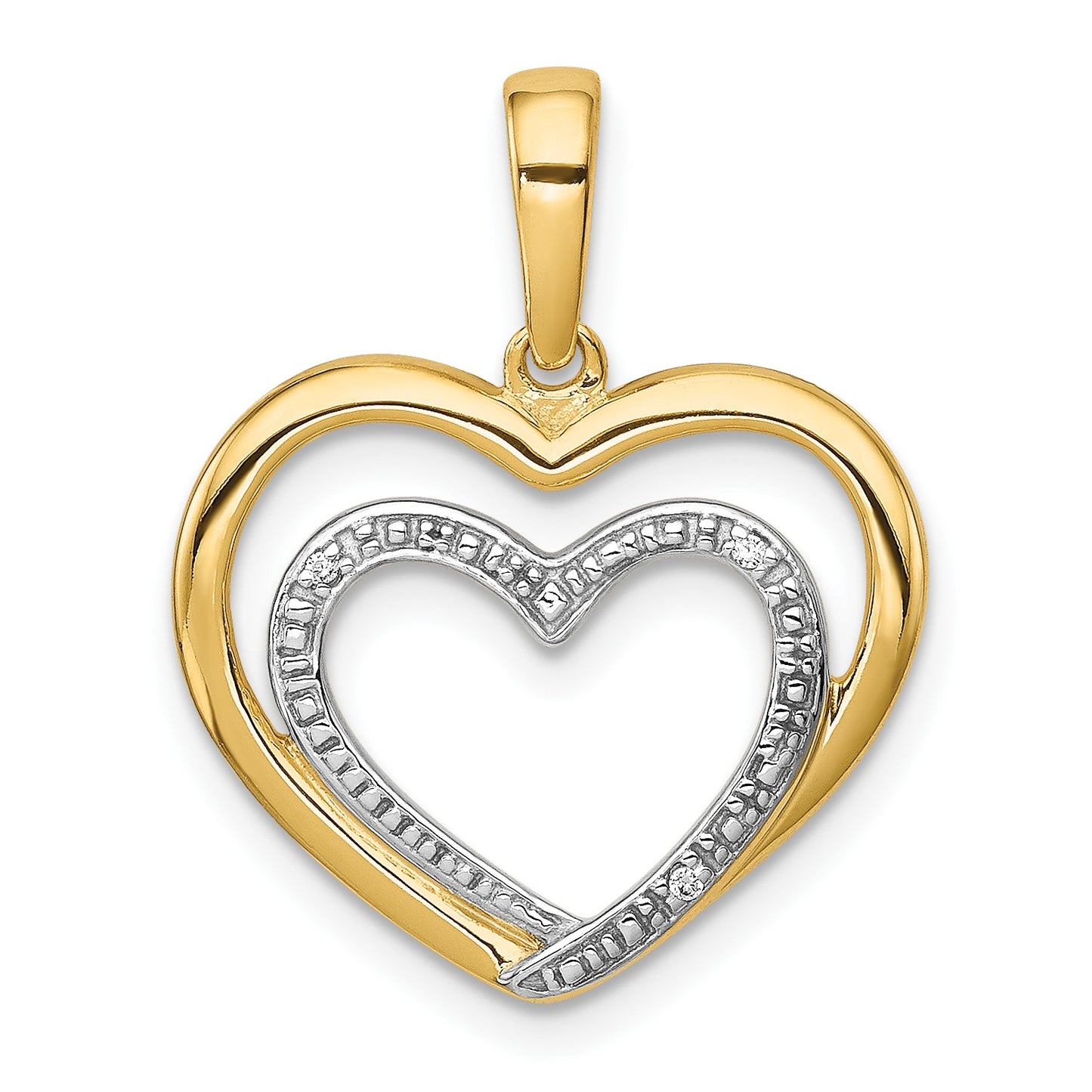 14k and White Rhodium .01 carat Diamond Double Heart Pendant