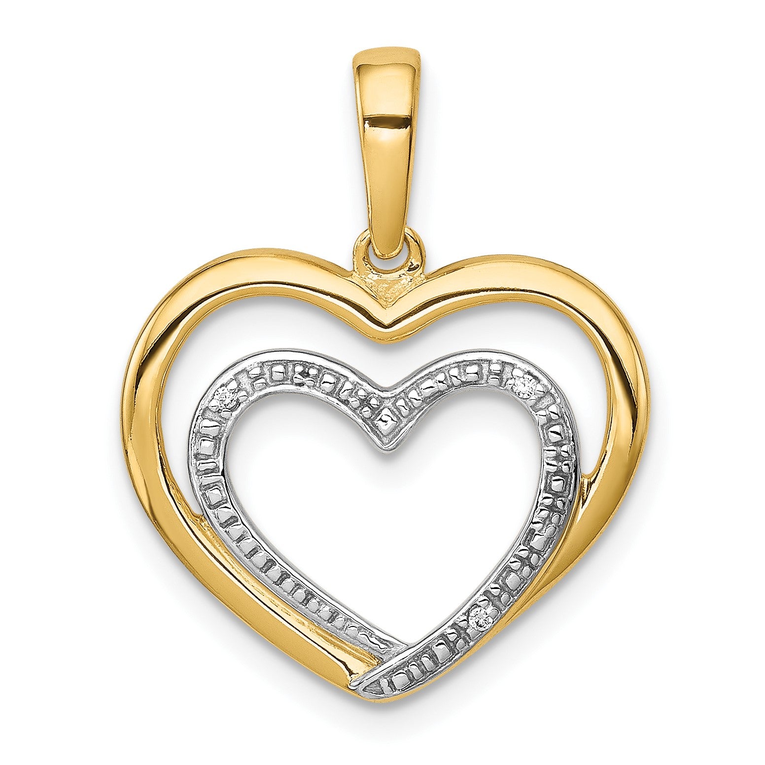 14k and White Rhodium .01 carat Diamond Double Heart Pendant