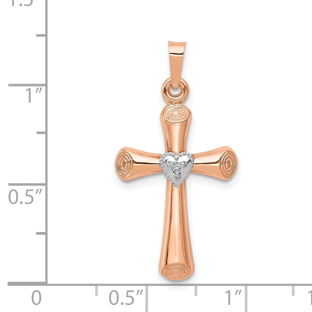 14k Two-Tone Diamond Polished Hollow Latin Heart Cross Pendant