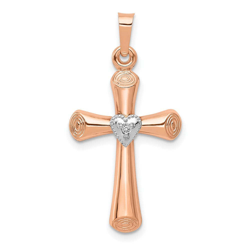 14k Two-Tone Diamond Polished Hollow Latin Heart Cross Pendant