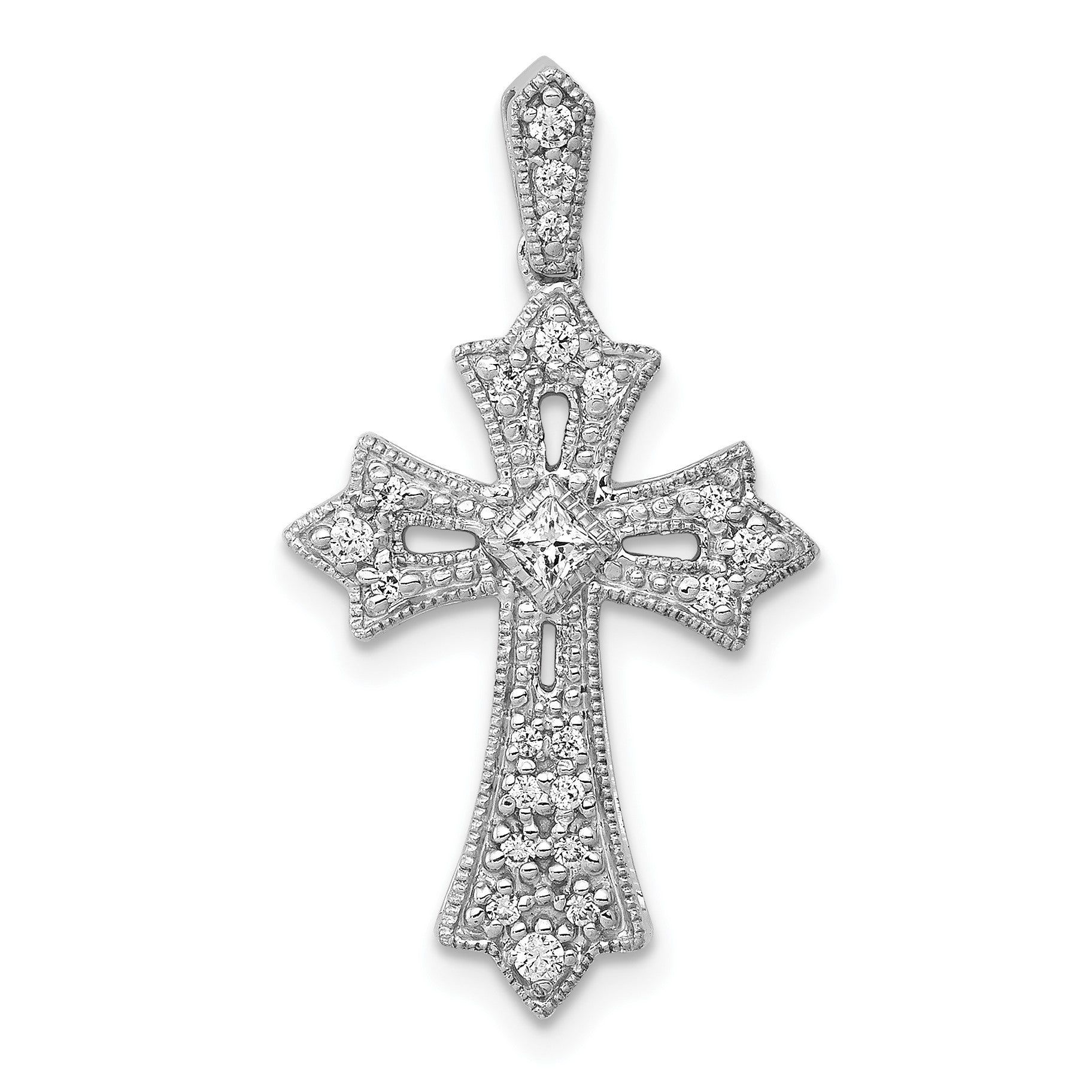 14k White Gold 1/6 carat Diamond Fleur de Lis Cross Pendant