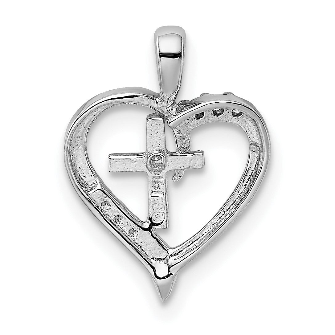 14k White Gold 1/20 carat AA Diamond Heart Cross Pendant