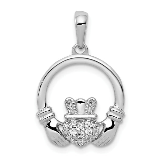14k White Gold Diamond Claddagh Circle Pendant