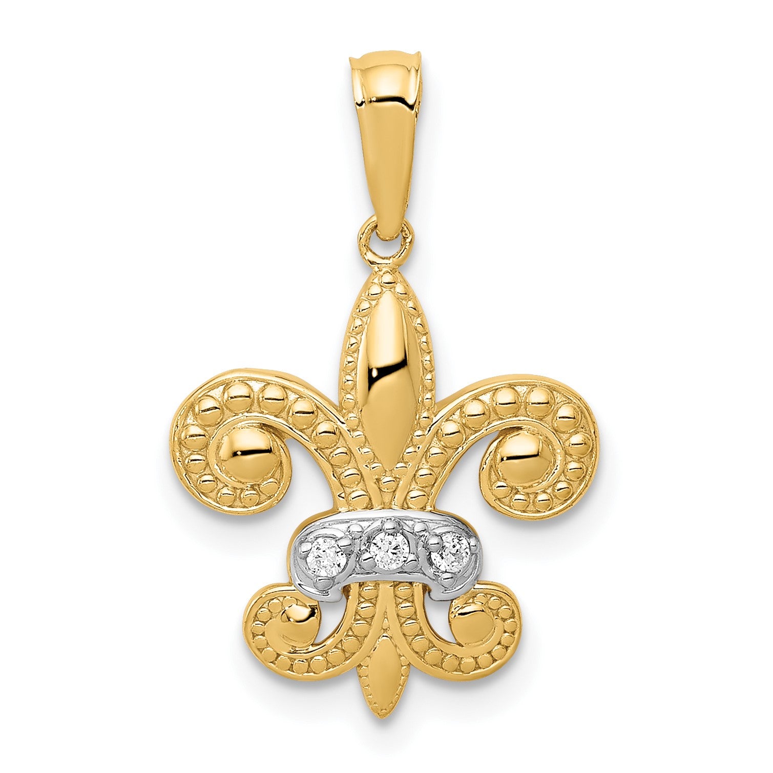 14k and White Rhodium Polished Diamond Fleur de Lis Pendant