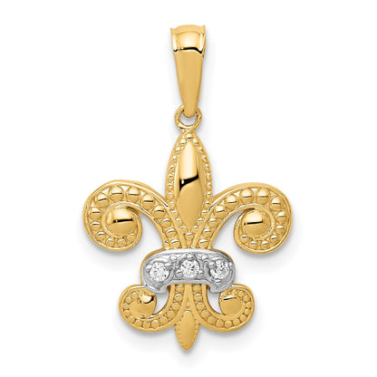 14k and White Rhodium Polished Diamond Fleur de Lis Pendant