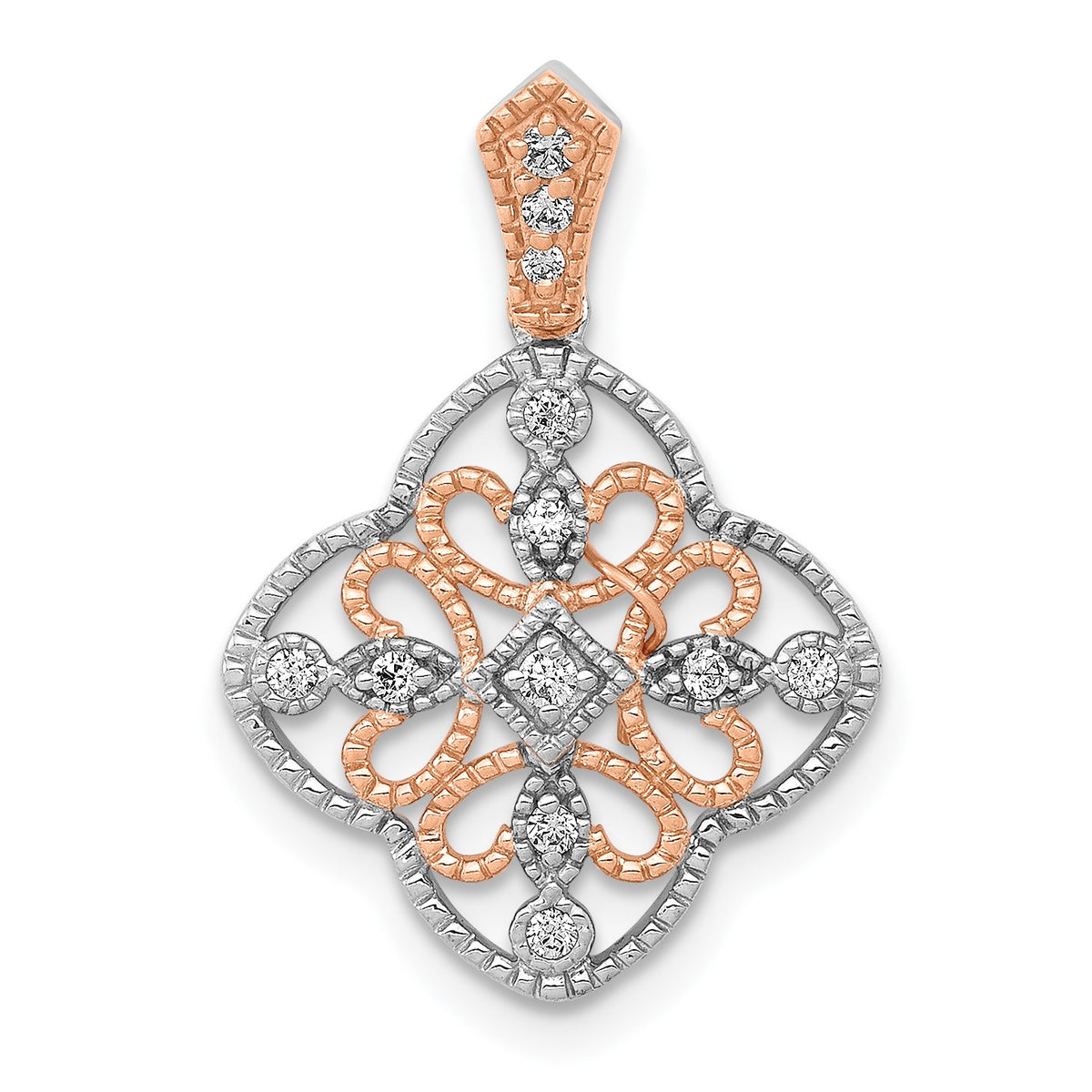 14k White Gold with Rose Rhodium 1/10 carat Diamond Vintage Pendant