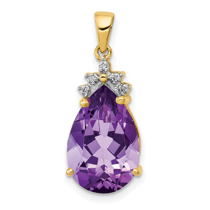 14k Pear 14x9mm Pear Amethyst and Diamond Pendant