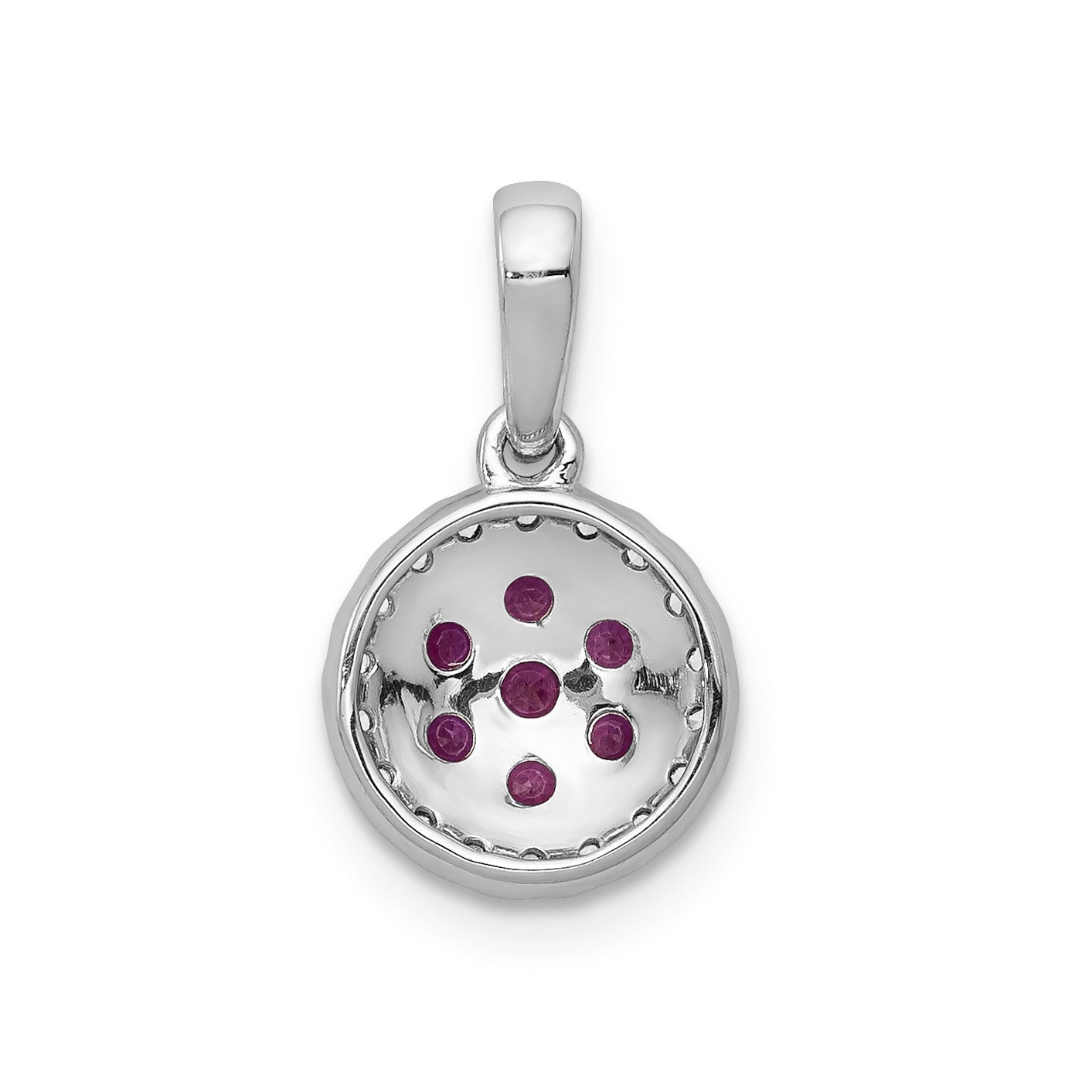 14k White Gold Diamond and .28 Ruby Cluster Halo Pendant