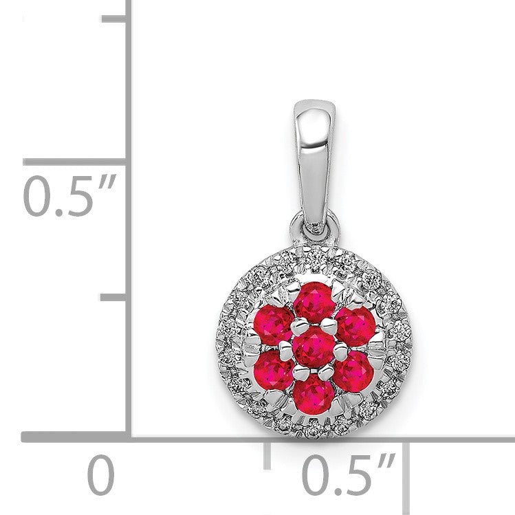 14k White Gold Diamond and .28 Ruby Cluster Halo Pendant