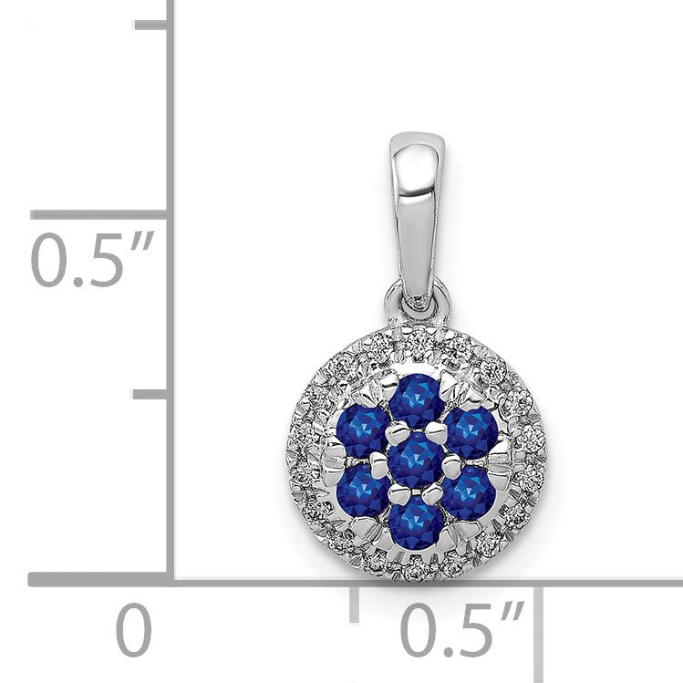 14k White Gold Diamond and Sapphire Cluster Halo Pendant
