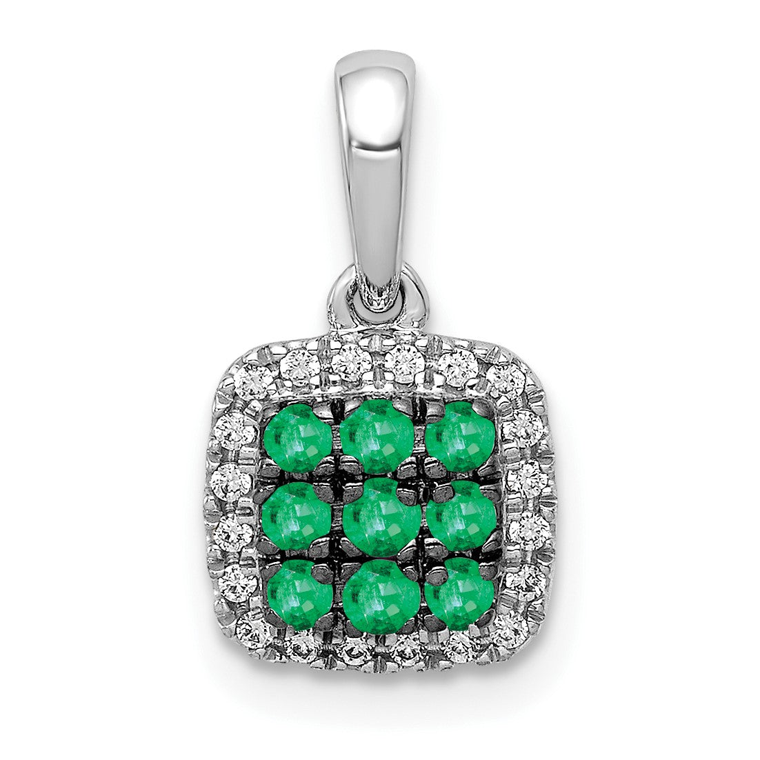 14k White Gold with Black Rhodium Diamond and .19 Emerald Cluster Square Halo Pendant