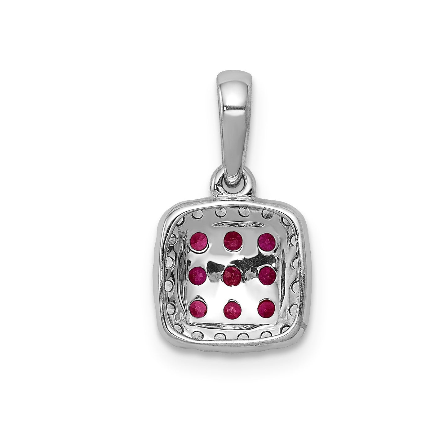 14k White Gold with Black Rhodium Diamond and .23 Ruby Cluster Square Halo Pendant