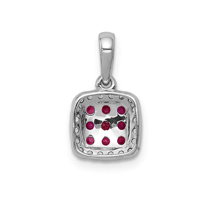 14k White Gold with Black Rhodium Diamond and .23 Ruby Cluster Square Halo Pendant
