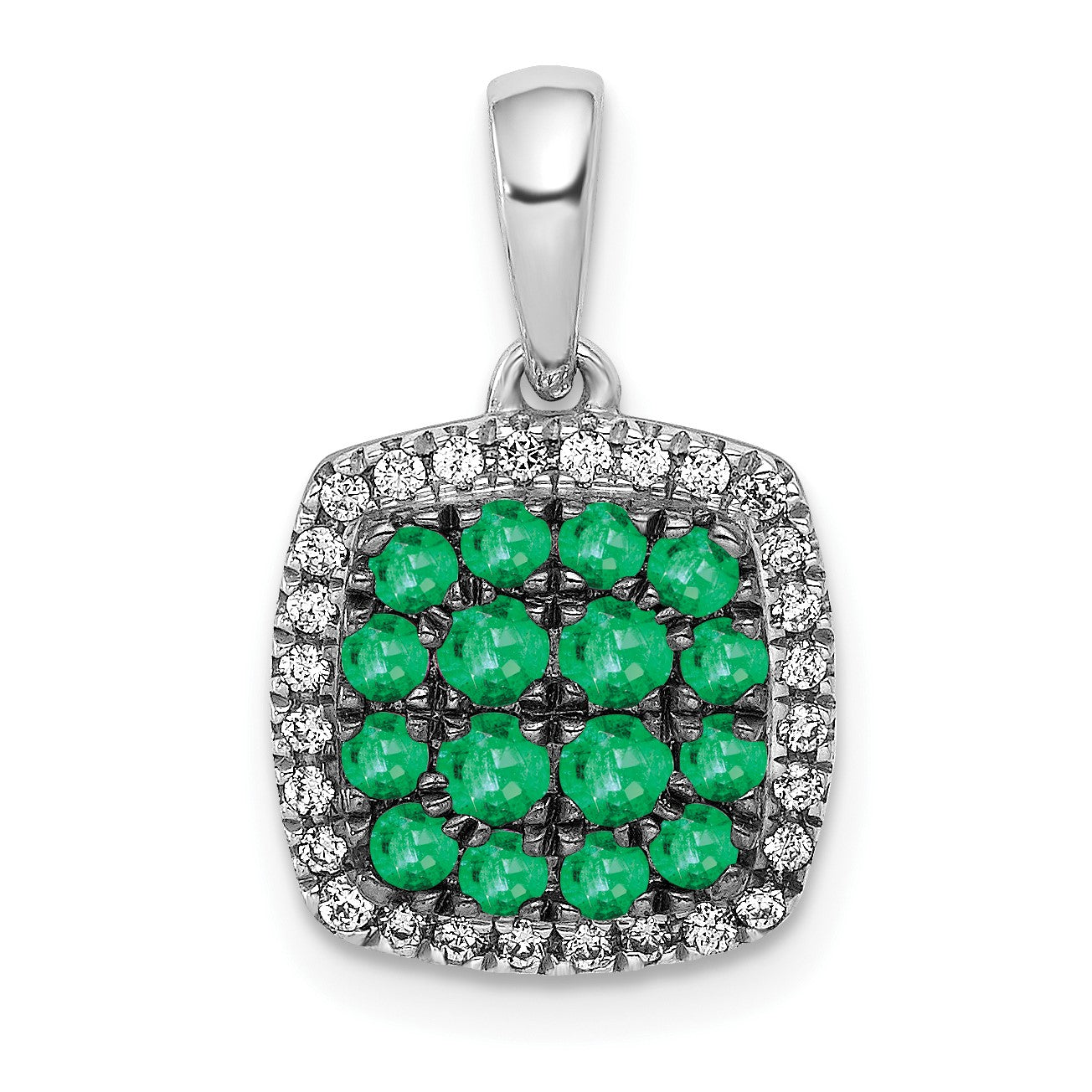 14k White Gold with Black Rhodium Diamond and .50 Emerald Cluster Square Halo Pendant