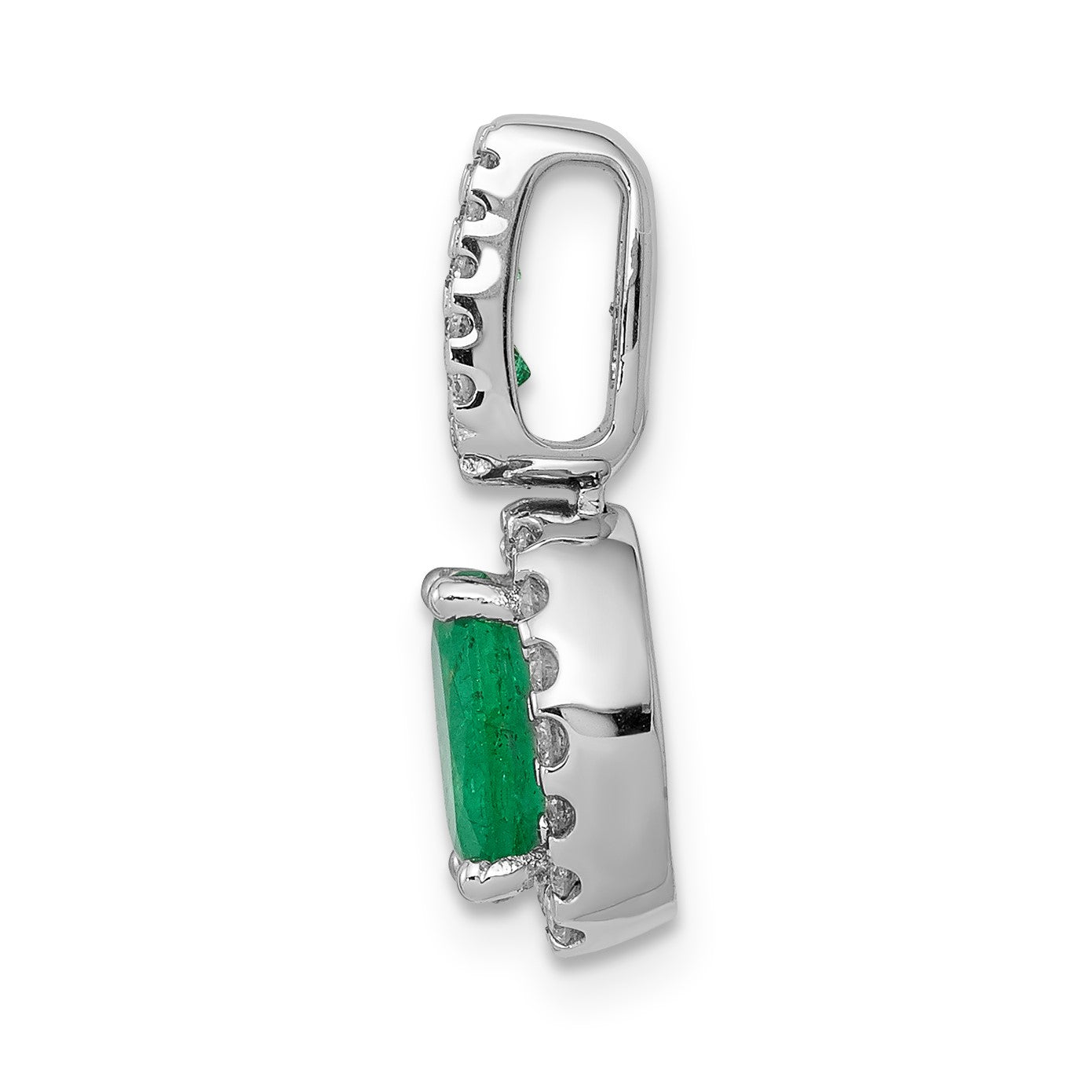 14k White Gold Halo Diamond and Oval Emerald Halo Pendant