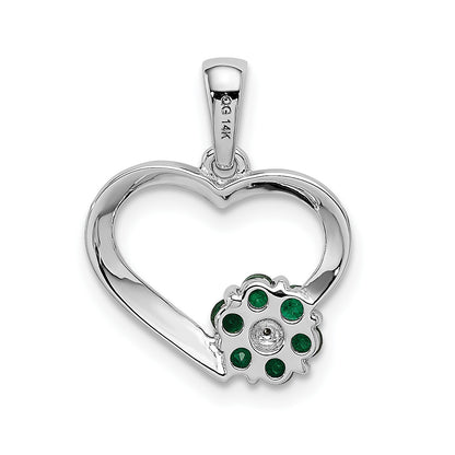14k White Gold Diamond and Emerald Flower and Heart Pendant