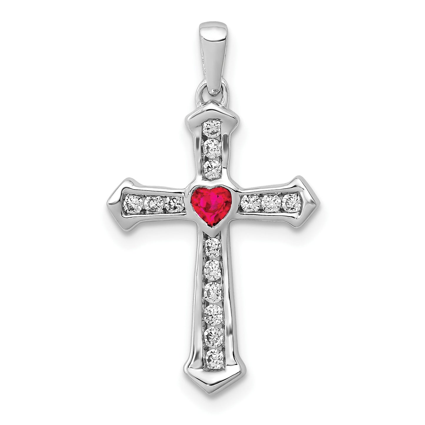 14k White Gold Ruby and Diamond Heart Cross Pendant