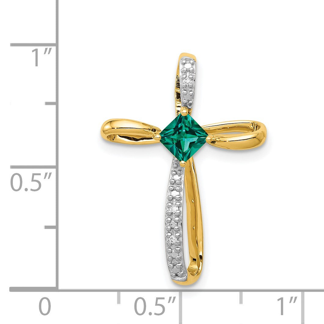 14k and White Rhodium 4mm Square Lab Created Emerald and Diamond Cross Omega Slide