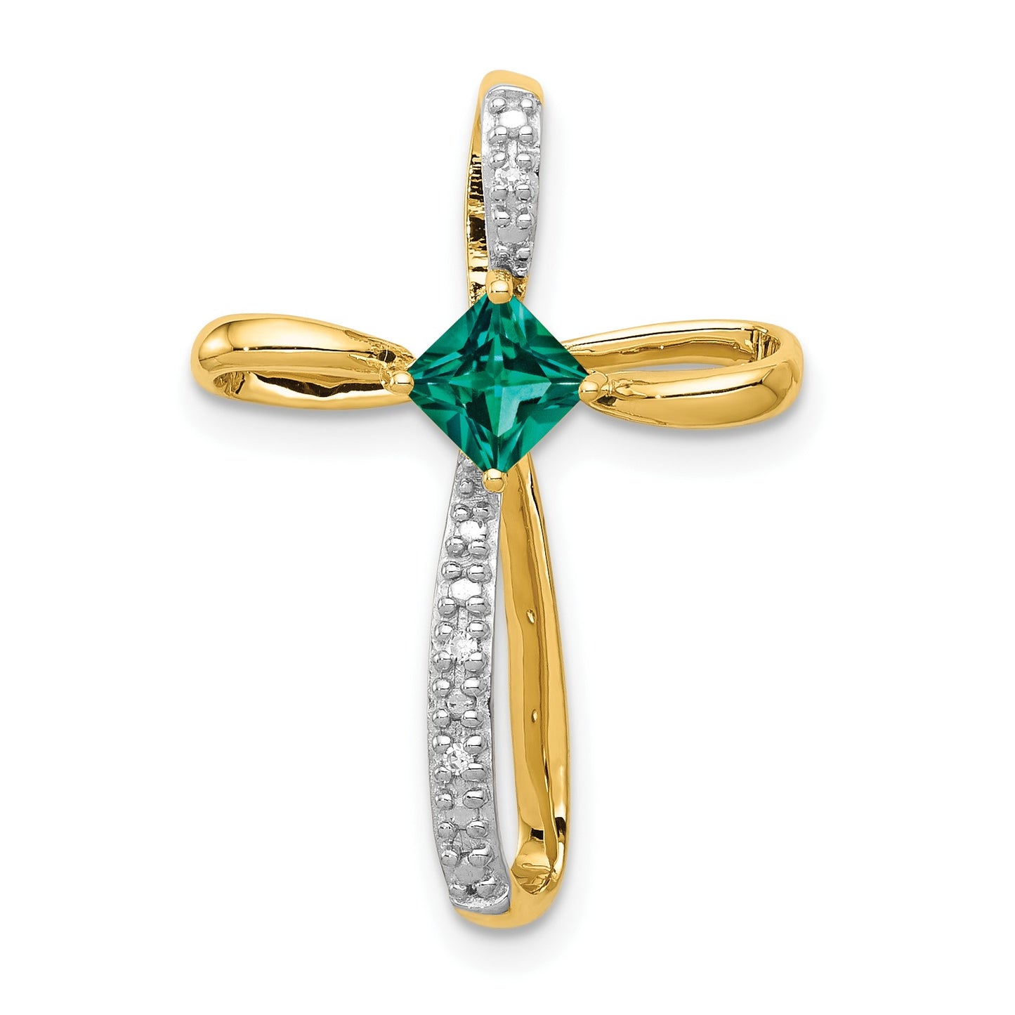 14k and White Rhodium 4mm Square Lab Created Emerald and Diamond Cross Omega Slide