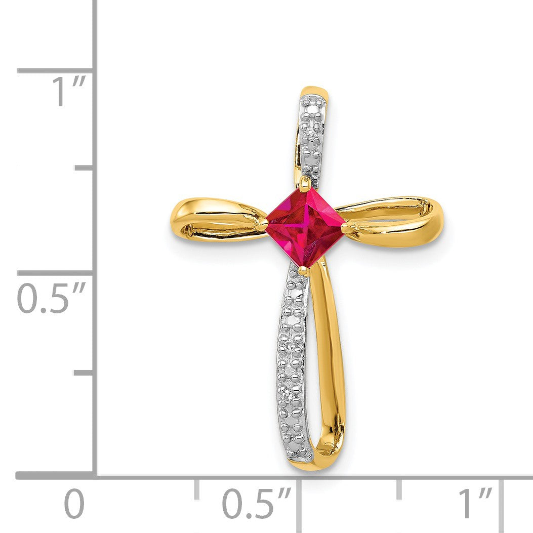 14k and White Rhodium 4mm Square Lab Created Ruby and Diamond Cross Omega Slide