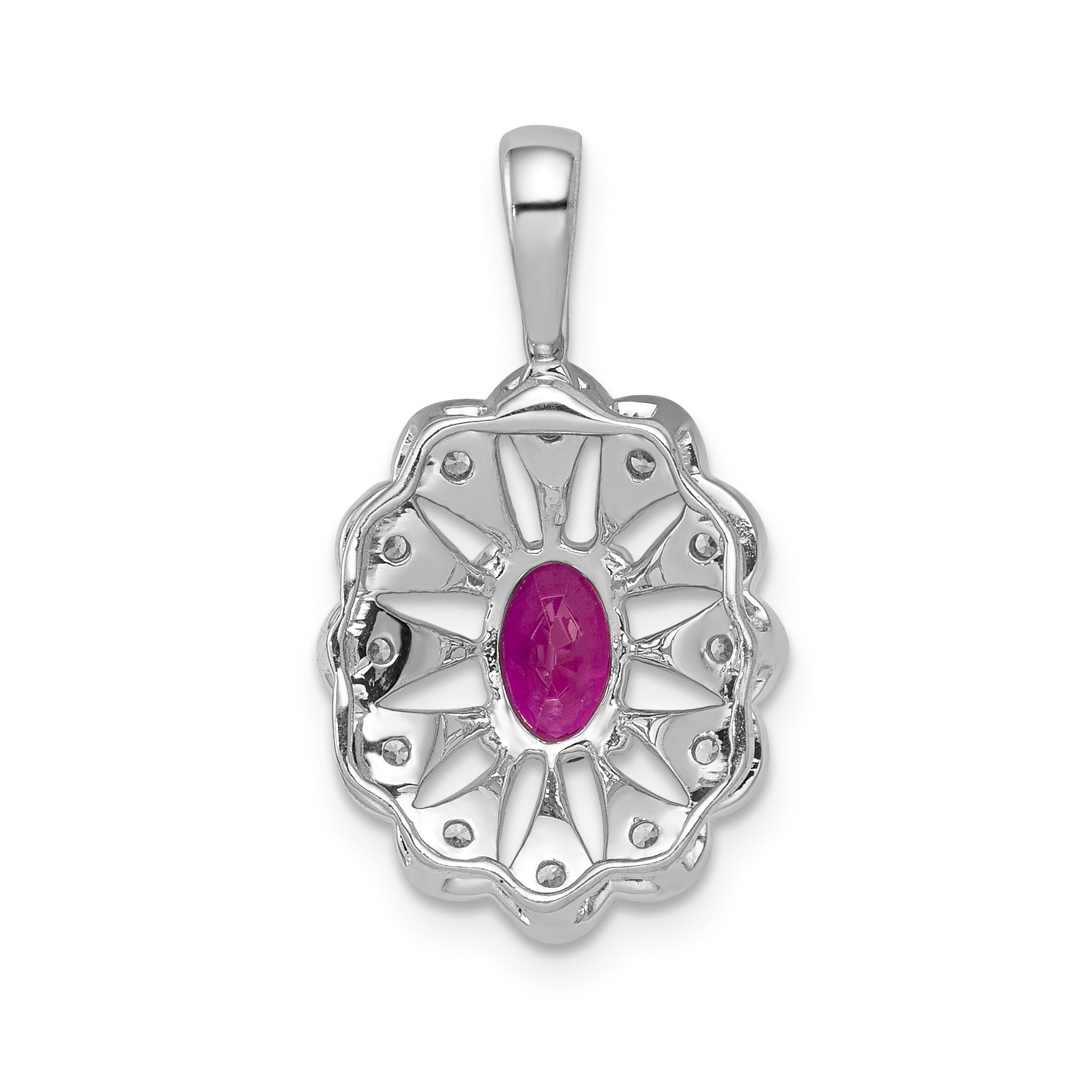 14k White Gold 1/6 carat Diamond and Oval Ruby Fancy Pendant