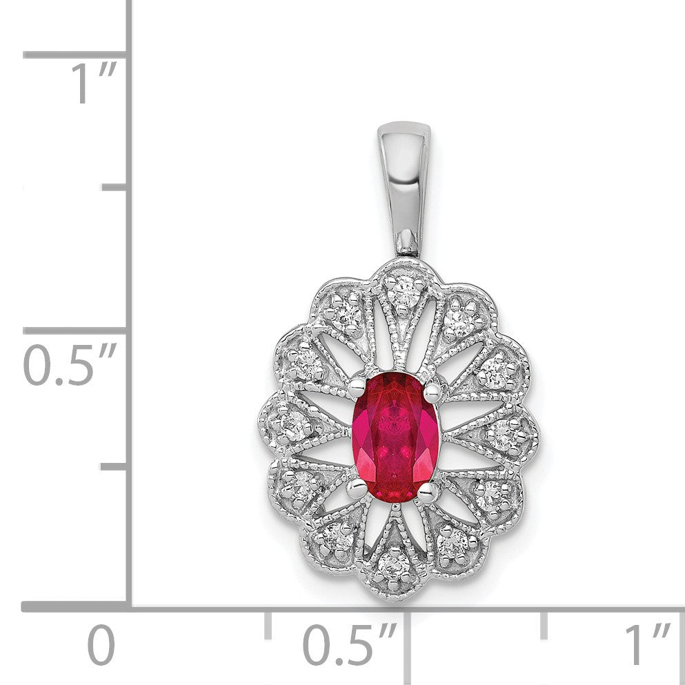 14k White Gold 1/6 carat Diamond and Oval Ruby Fancy Pendant