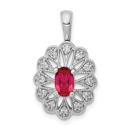 14k White Gold 1/6 carat Diamond and Oval Ruby Fancy Pendant