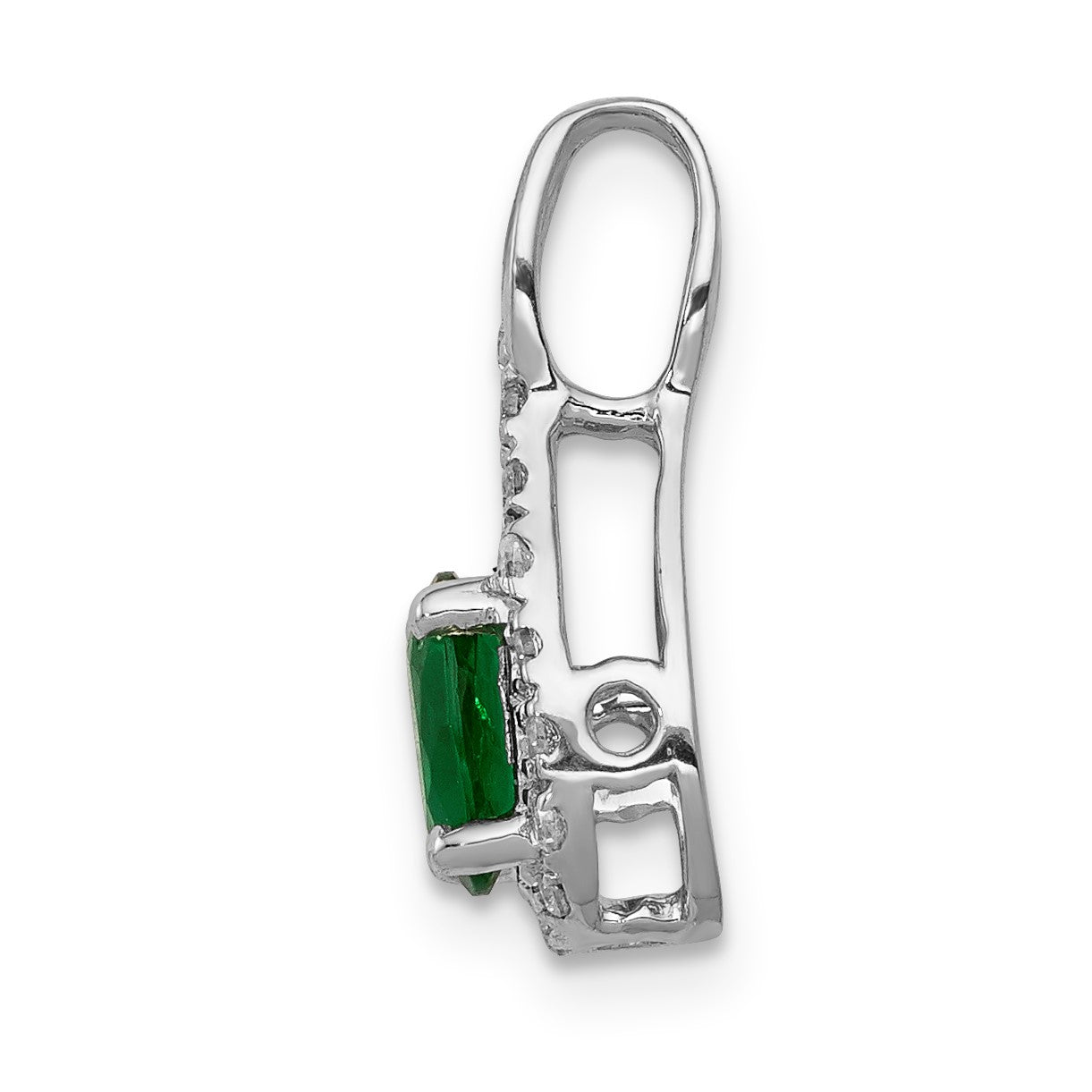 14k White Gold Diamond and Oval Emerald Teardrop Halo Pendant