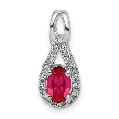 14k White Gold Diamond and .50 Oval Ruby Teardrop Halo Pendant