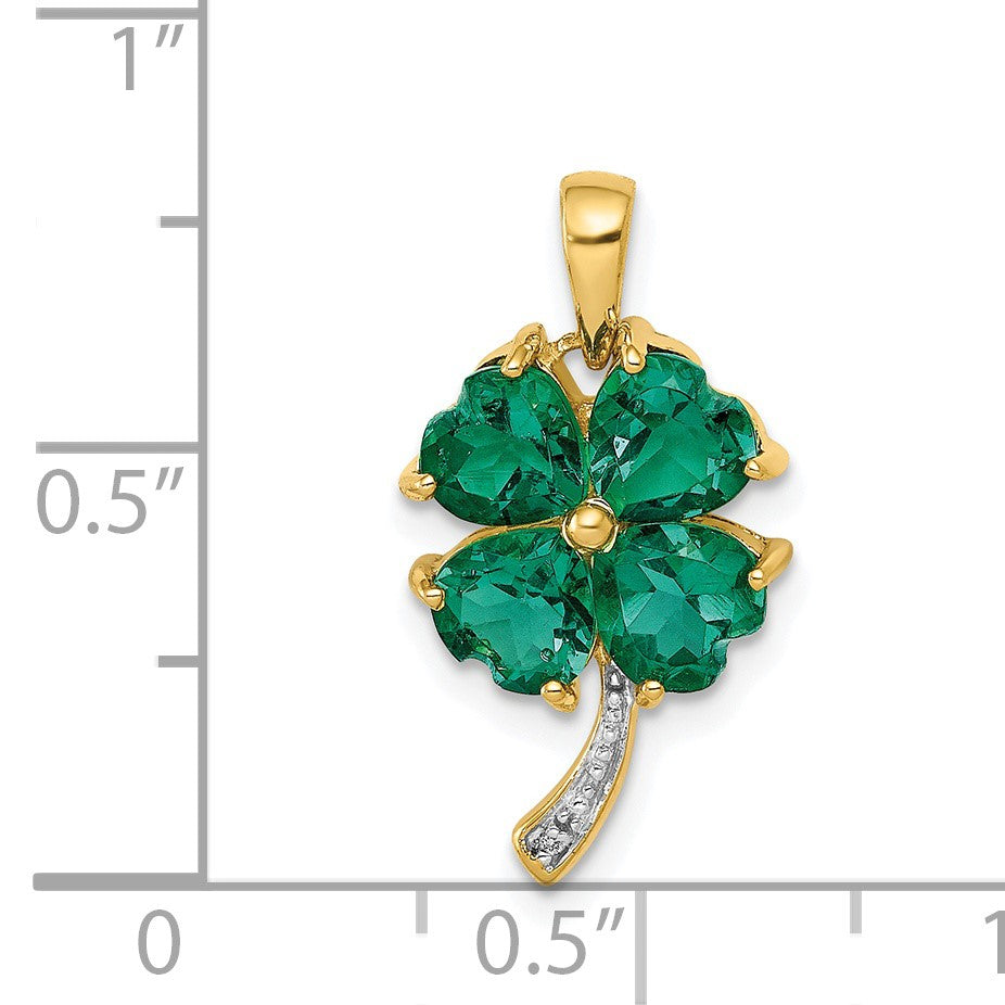 14k Lab Created Heart Emerald and Diamond Four Leaf Clover Pendant