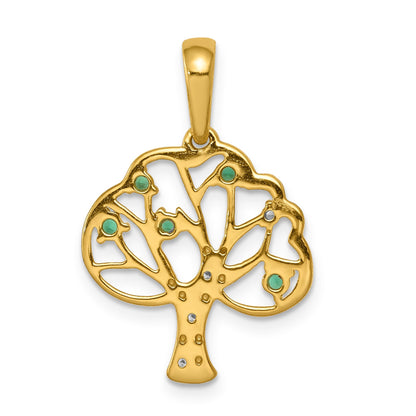 14k Polished Lab Created Emerald and Diamond Tree Pendant