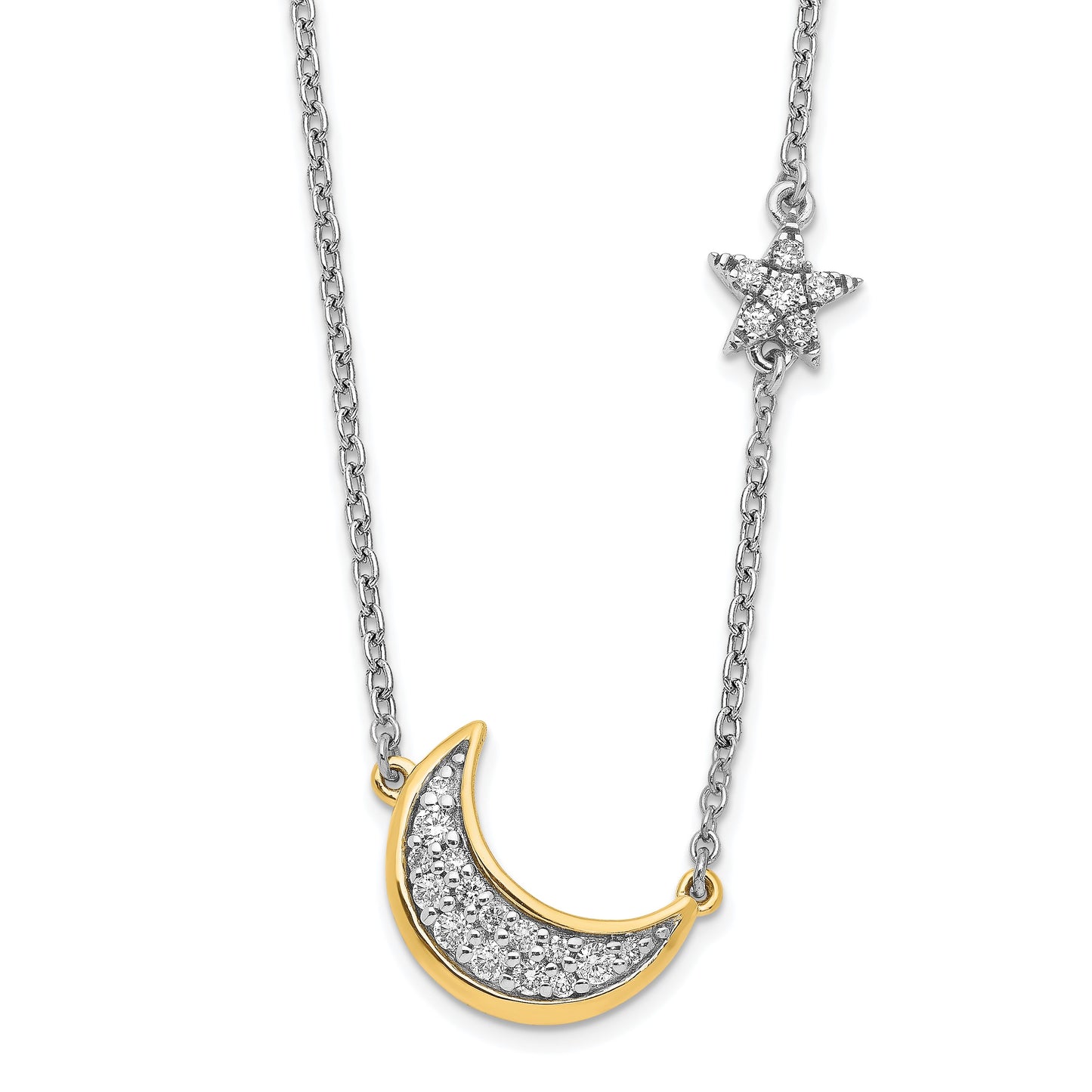 14k Two-tone 1/6 carat Diamond Crescent Moon with Star 18 inch Necklace
