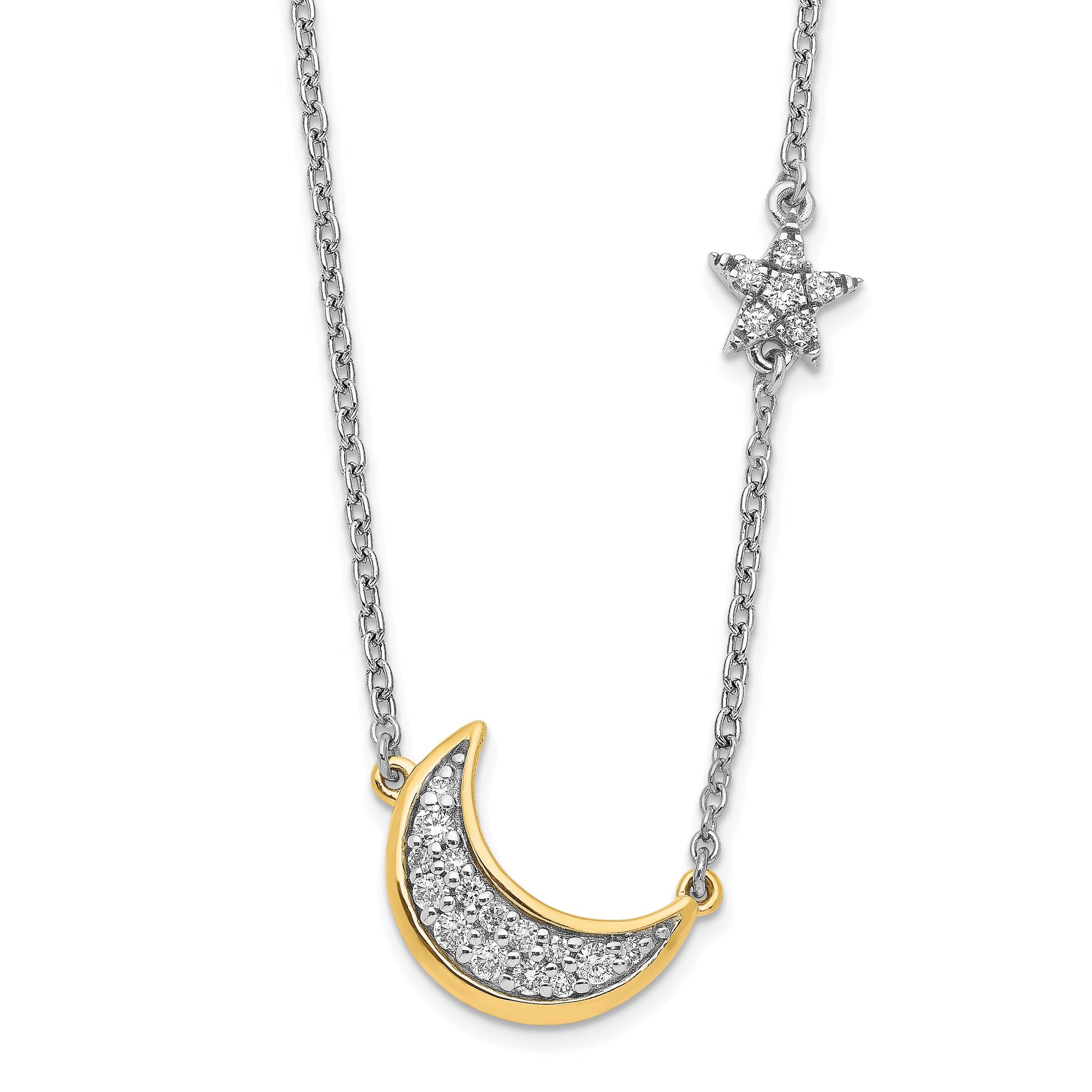 14k Two-tone 1/6 carat Diamond Crescent Moon with Star 18 inch Necklace