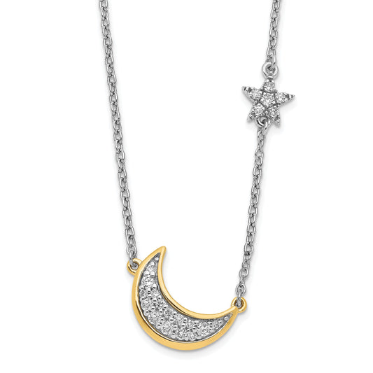 14k Two-tone 1/6 carat Diamond Crescent Moon with Star 18 inch Necklace