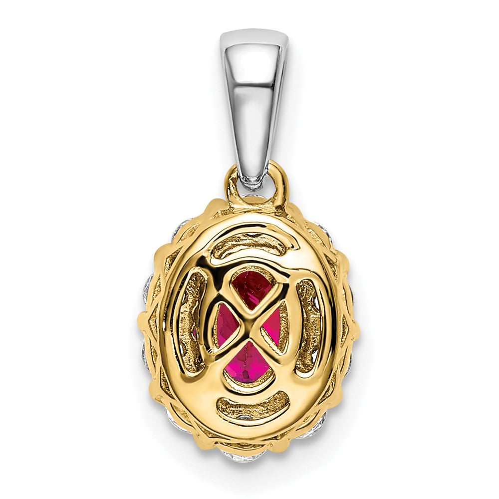 14k Two-tone Oval Ruby and Diamond Halo Pendant