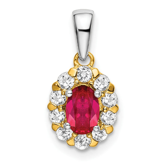 14k Two-tone Oval Ruby and Diamond Halo Pendant