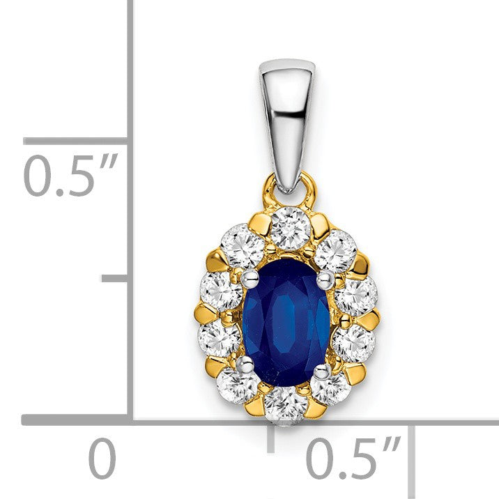 14k Two-tone Oval Sapphire and Diamond Halo Pendant