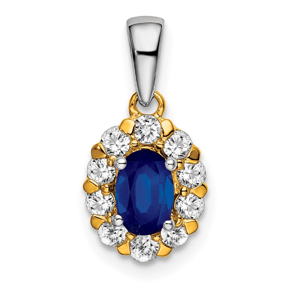 14k Two-tone Oval Sapphire and Diamond Halo Pendant