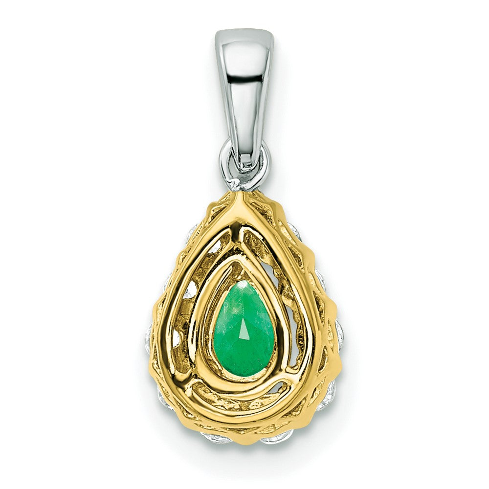 14k Two-tone Pear Emerald and Diamond Halo Pendant