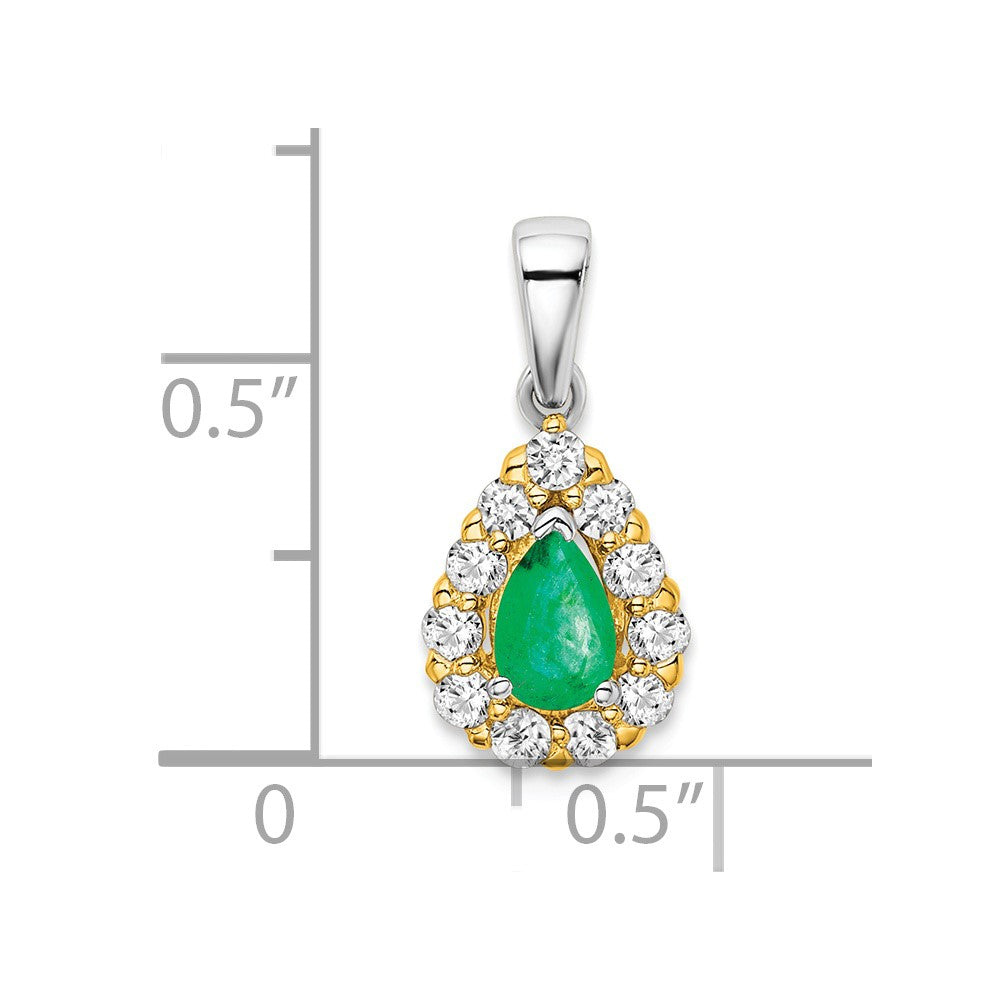 14k Two-tone Pear Emerald and Diamond Halo Pendant