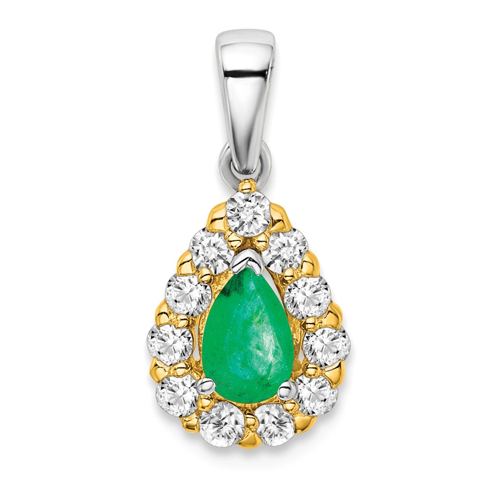 14k Two-tone Pear Emerald and Diamond Halo Pendant